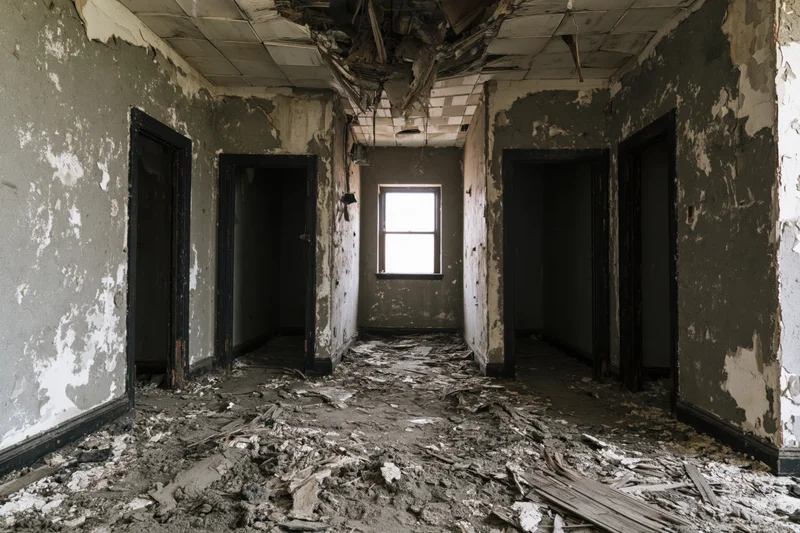 Abandoned room interior with collapsed ceiling and debris on floor, three dark doorways and a window at the end