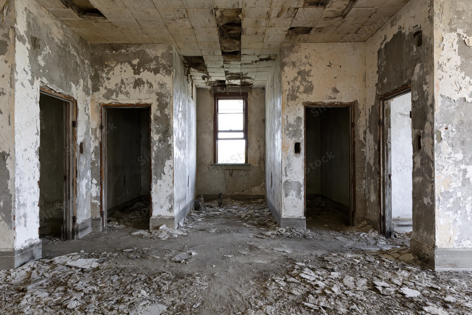Abandoned room interior with crumbling walls and debris on floor, multiple doorways and a window letting in light