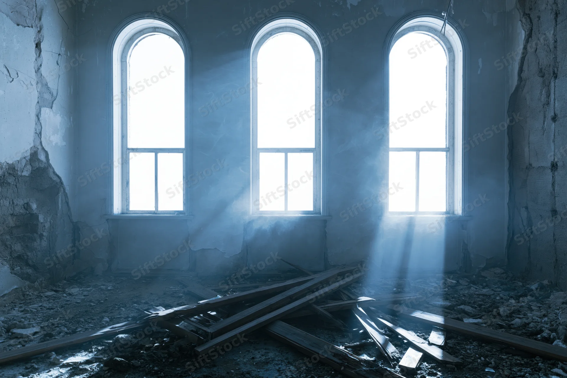 Interior of an abandoned church room with three arched windows letting in light through dust and debris