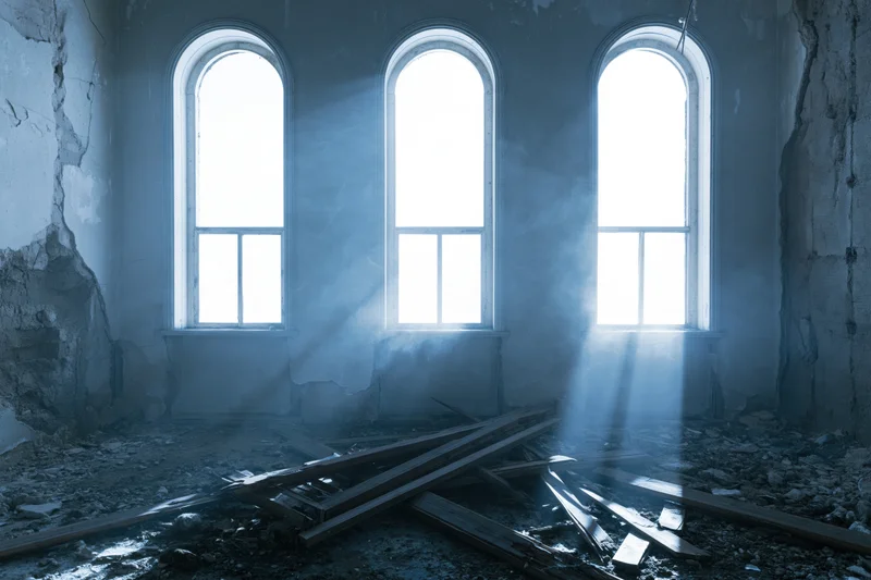 Interior of an abandoned church room with three arched windows letting in light through dust and debris