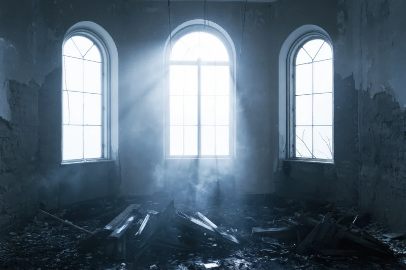 Interior of abandoned church room with three arched windows letting in light through dust and debris