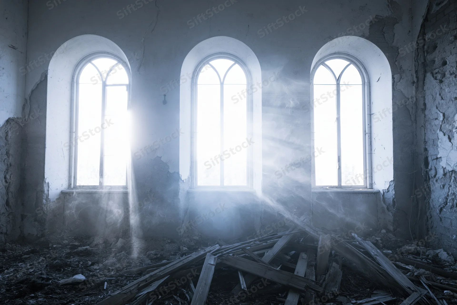 Interior of abandoned church room with three arched windows letting in sunbeams through dust and debris
