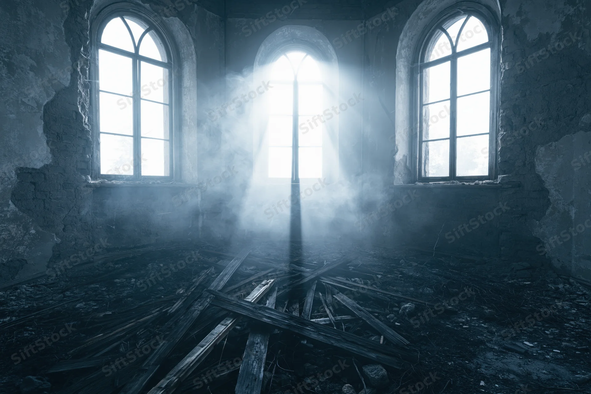 Light beams through arched windows in an abandoned church interior filled with smoke and rubble