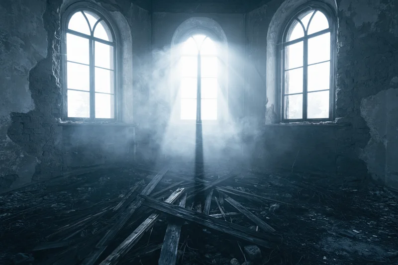 Light beams through arched windows in an abandoned church interior filled with smoke and rubble