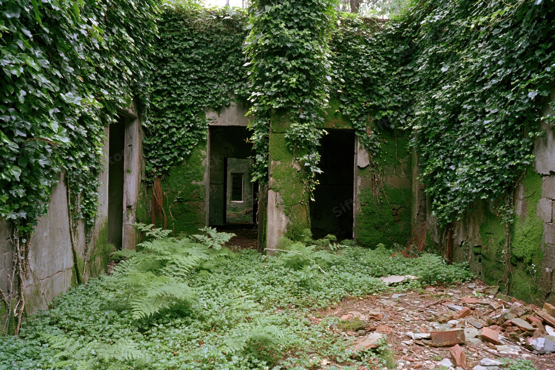 Overgrown interior of abandoned concrete building with ivy and ferns covering walls and floor