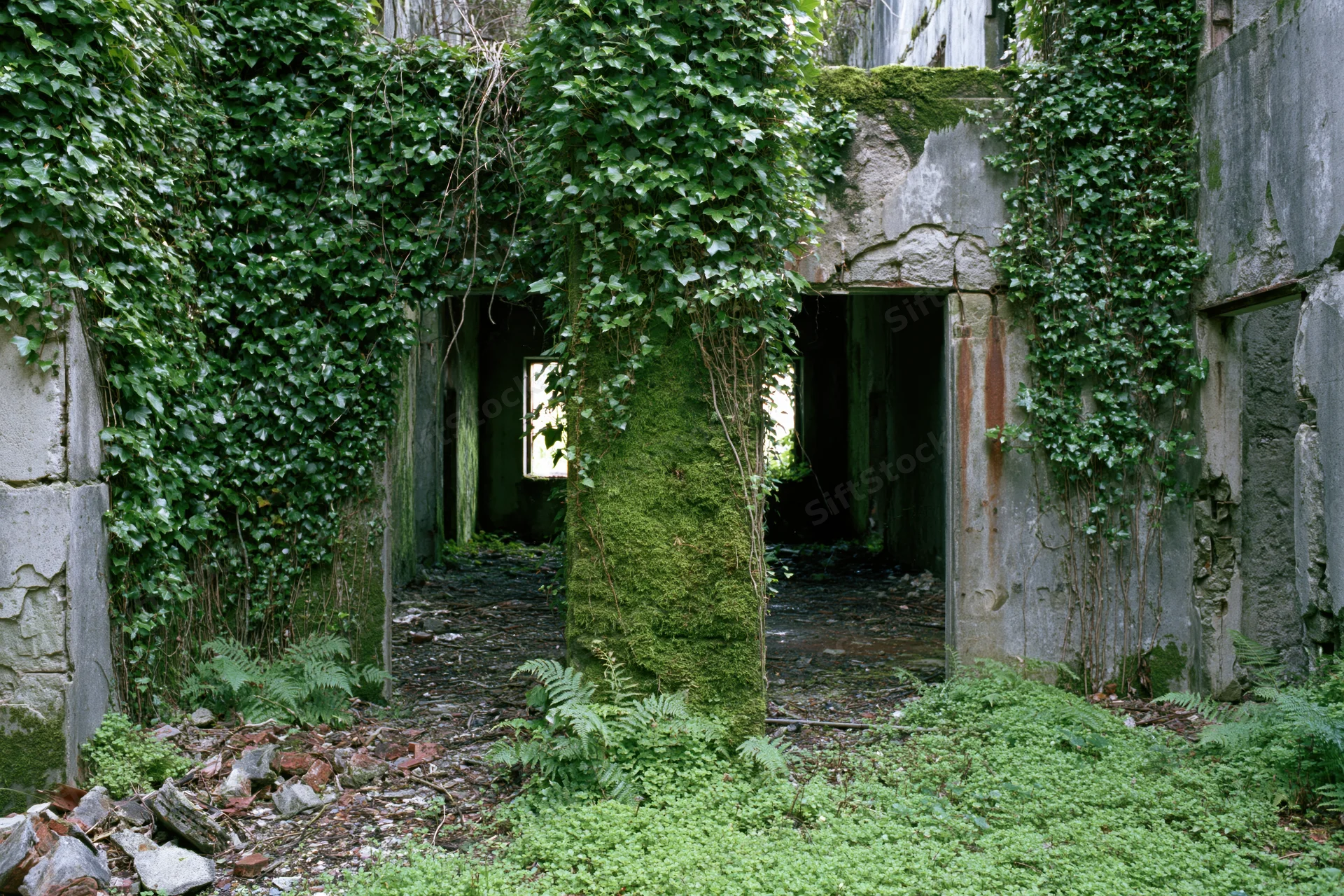 Overgrown ruins of an abandoned concrete building with ivy and moss covering walls and doorways