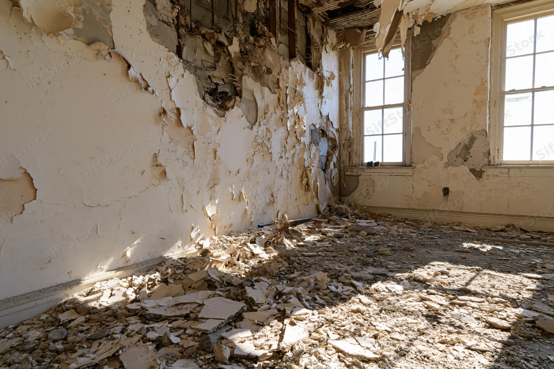 Derelict room interior with peeling walls and rubble on floor near windows