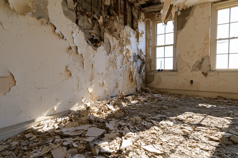 Derelict room interior with peeling walls and rubble on floor near windows
