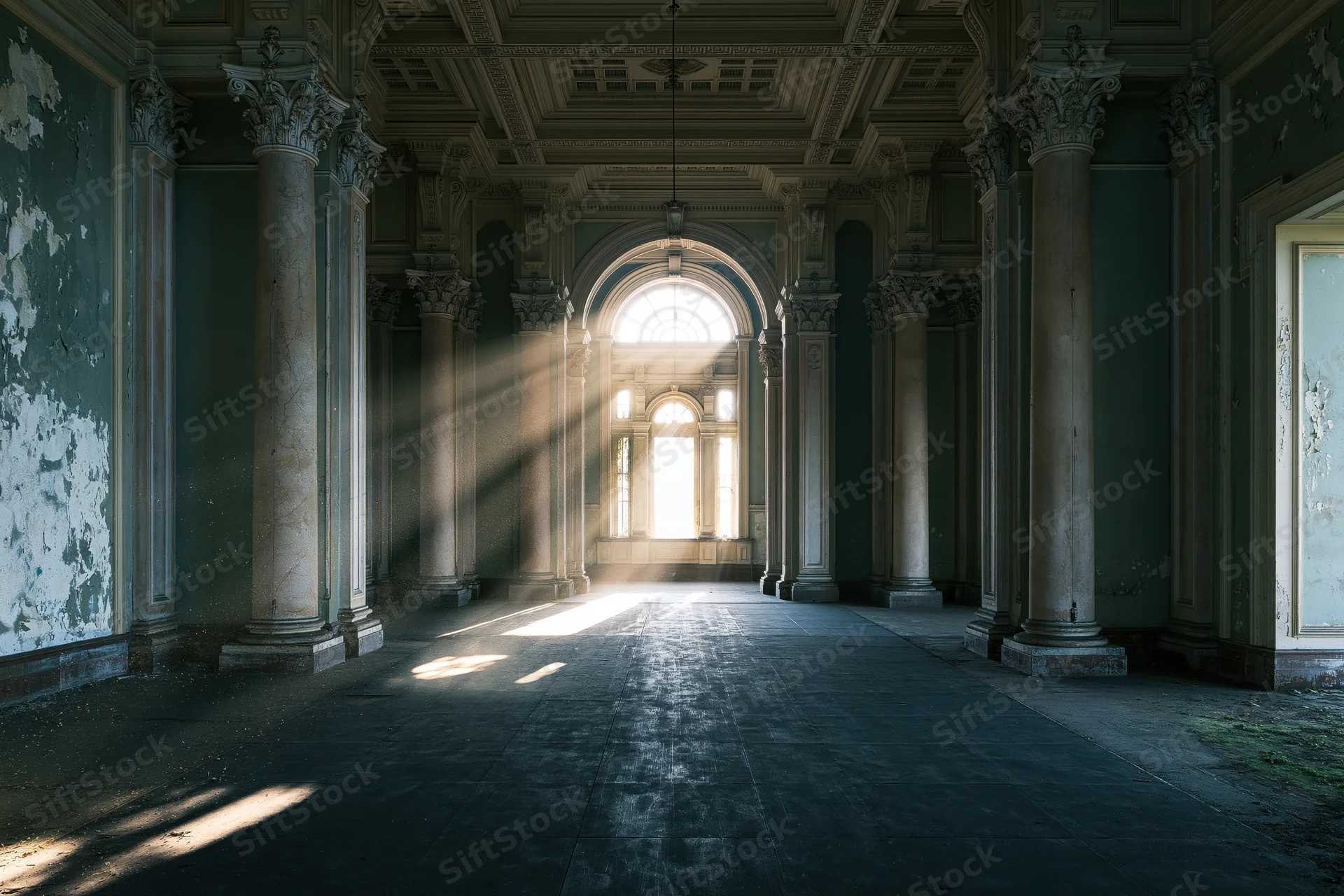 Sunlit hallway in abandoned grand building with tall columns and peeling walls