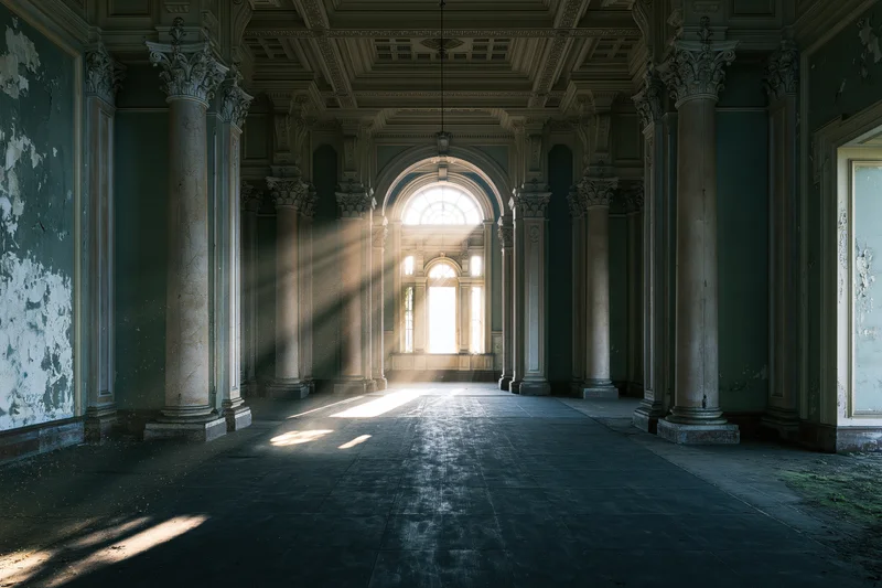 Sunlit hallway in abandoned grand building with tall columns and peeling walls