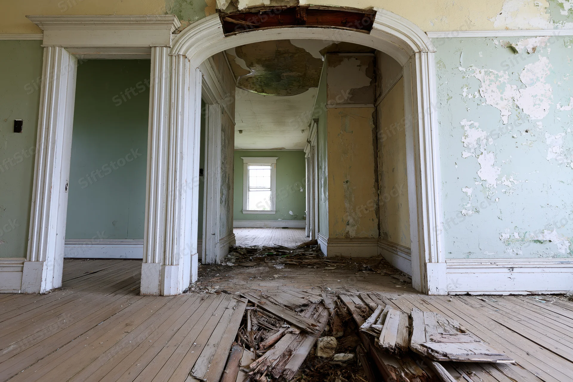 Abandoned house interior with broken floor and peeling paint visible through arched doorway