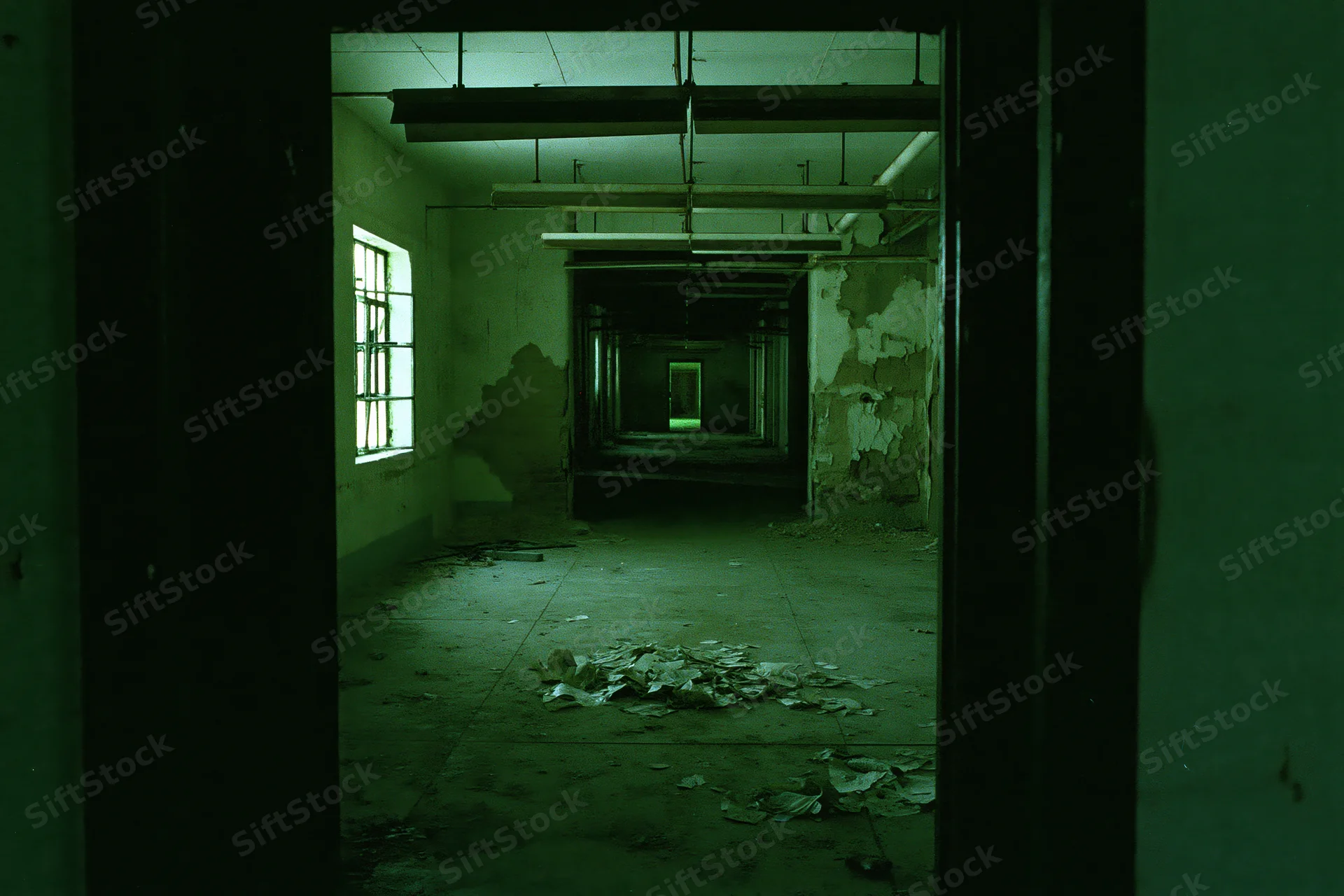 Long corridor in abandoned industrial building viewed through doorway with peeling walls and debris on floor