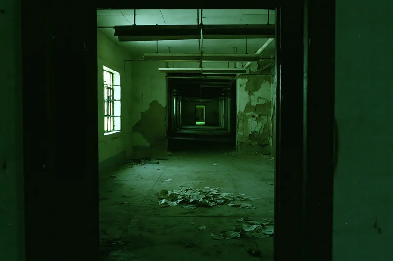 Long corridor in abandoned industrial building viewed through doorway with peeling walls and debris on floor