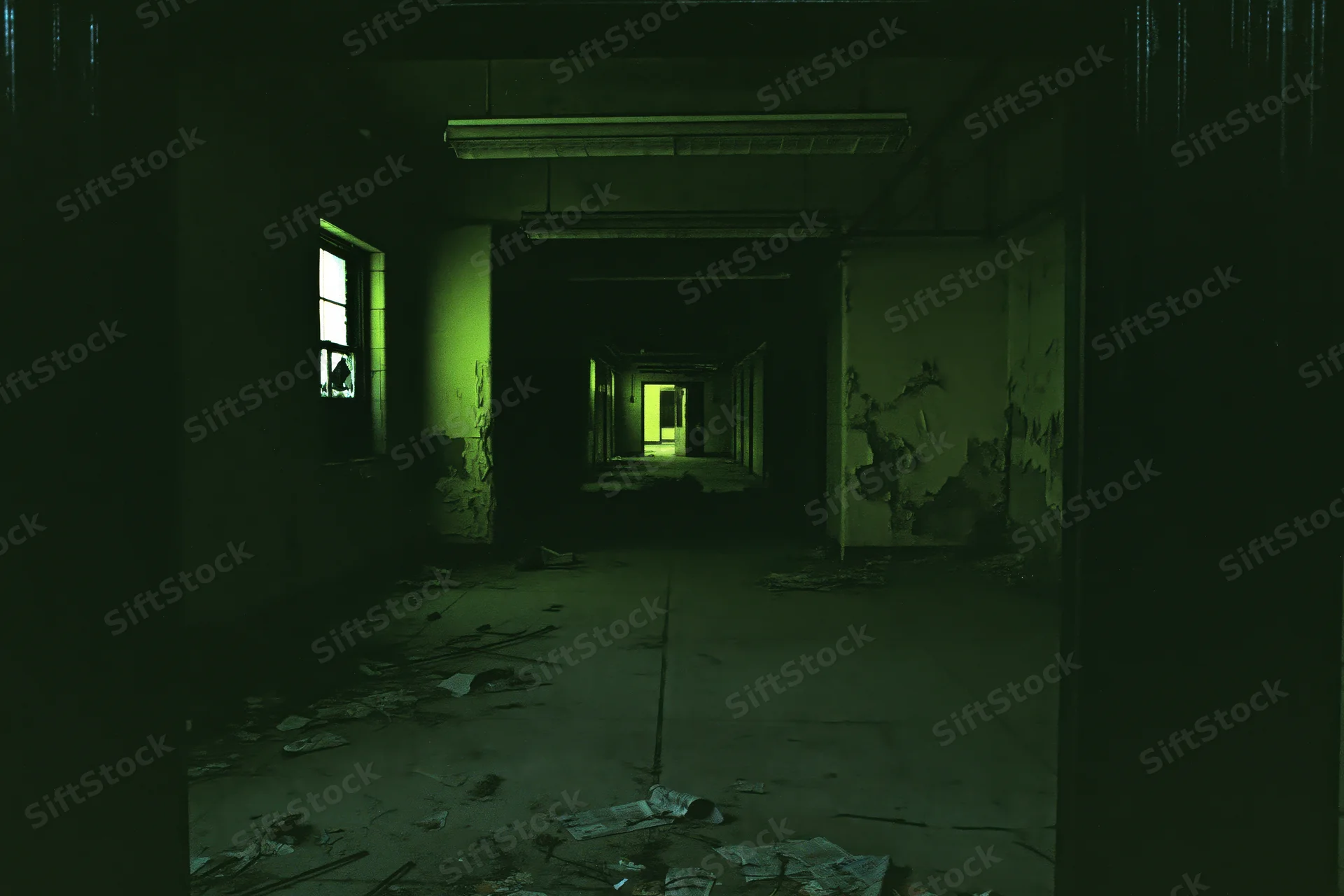 Long dimly lit corridor in abandoned industrial building with peeling walls and debris on floor
