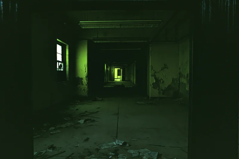 Long dimly lit corridor in abandoned industrial building with peeling walls and debris on floor