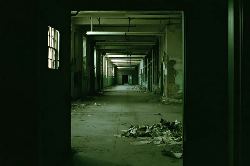 Long abandoned industrial corridor viewed through doorway with debris and peeling walls