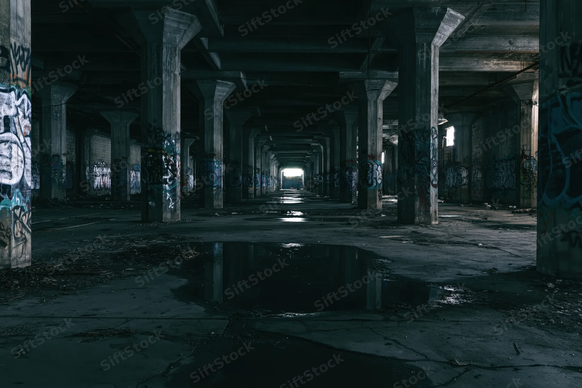 Rows of concrete pillars in an abandoned industrial building interior with graffiti and puddles reflecting the structure