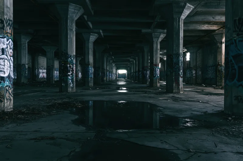 Rows of concrete pillars in an abandoned industrial building interior with graffiti and puddles reflecting the structure