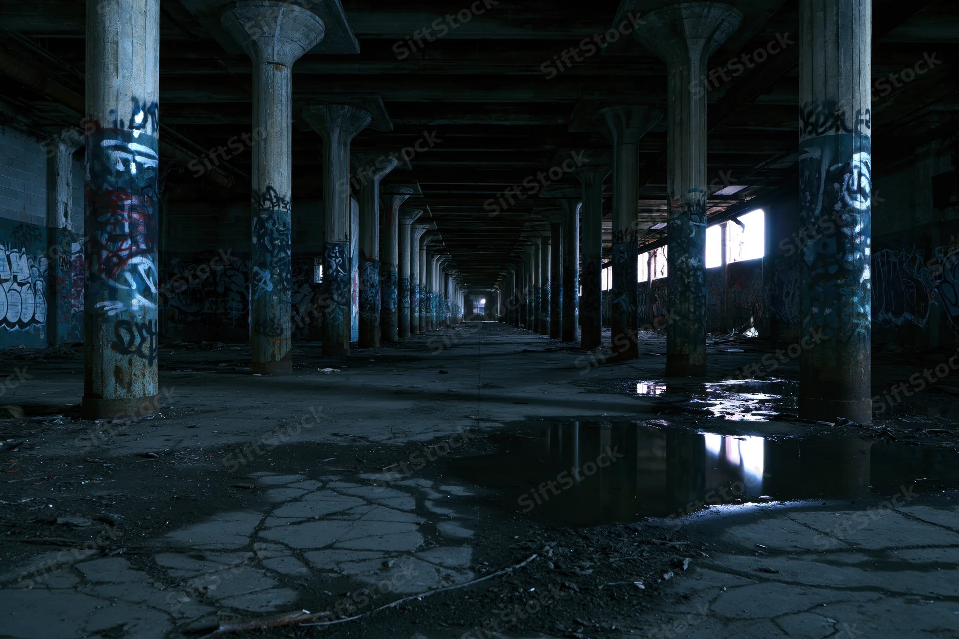 Rows of concrete pillars with graffiti in an abandoned industrial building interior