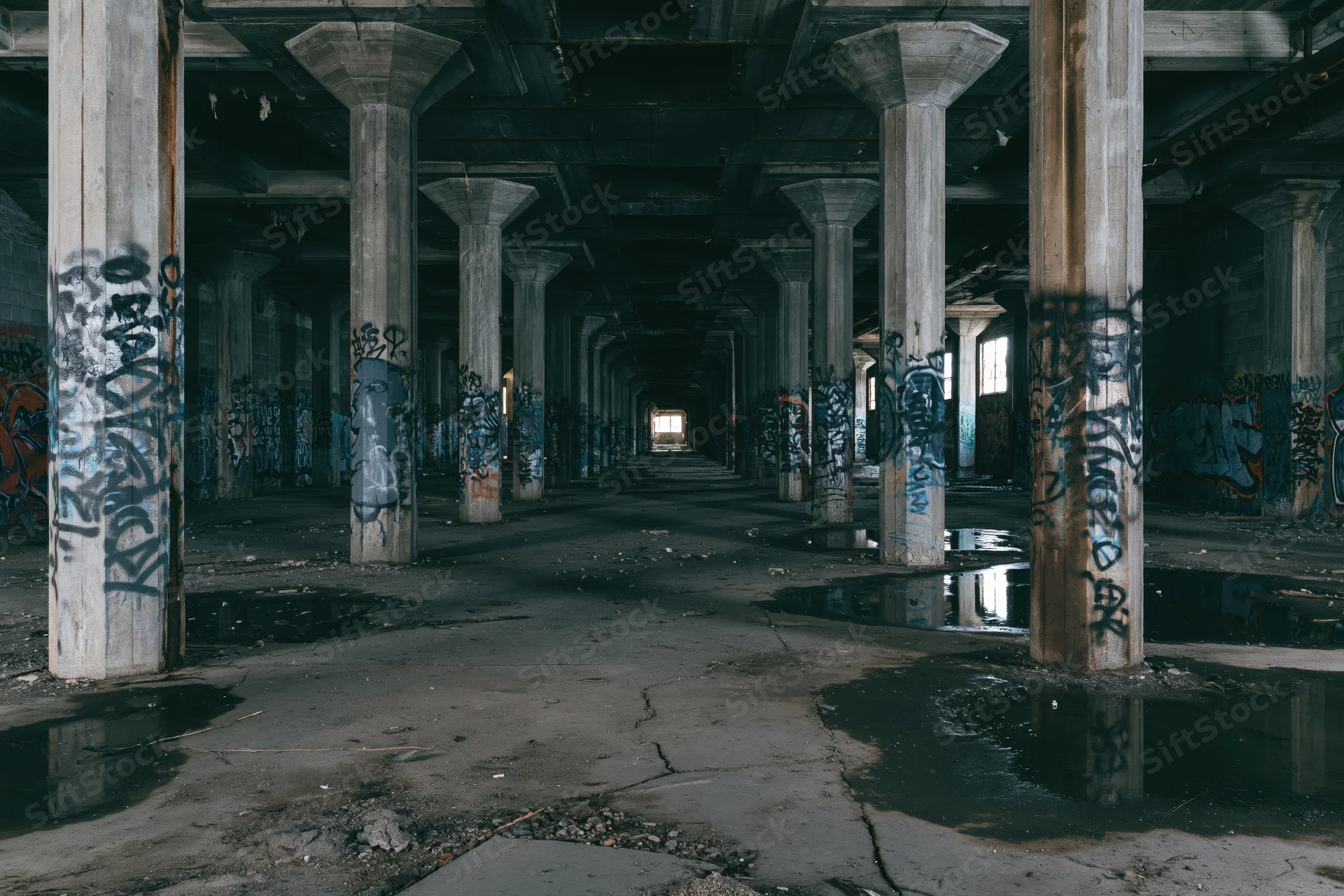 Rows of concrete pillars covered in graffiti inside an abandoned industrial building with puddles on the cracked floor
