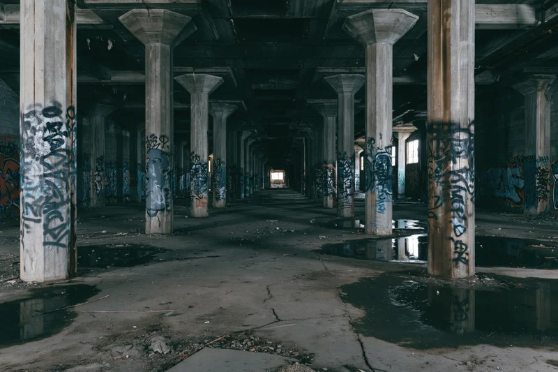 Rows of concrete pillars covered in graffiti inside an abandoned industrial building with puddles on the cracked floor