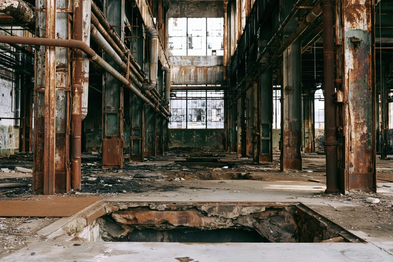 Interior of abandoned industrial factory hall with rusted pipes and collapsed floor section
