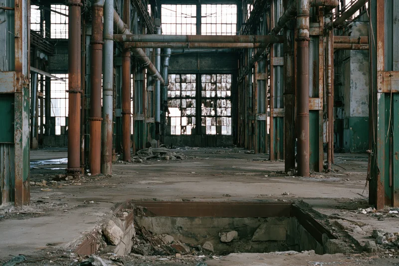 Abandoned industrial factory hall interior with rusted pipes and concrete floor damage