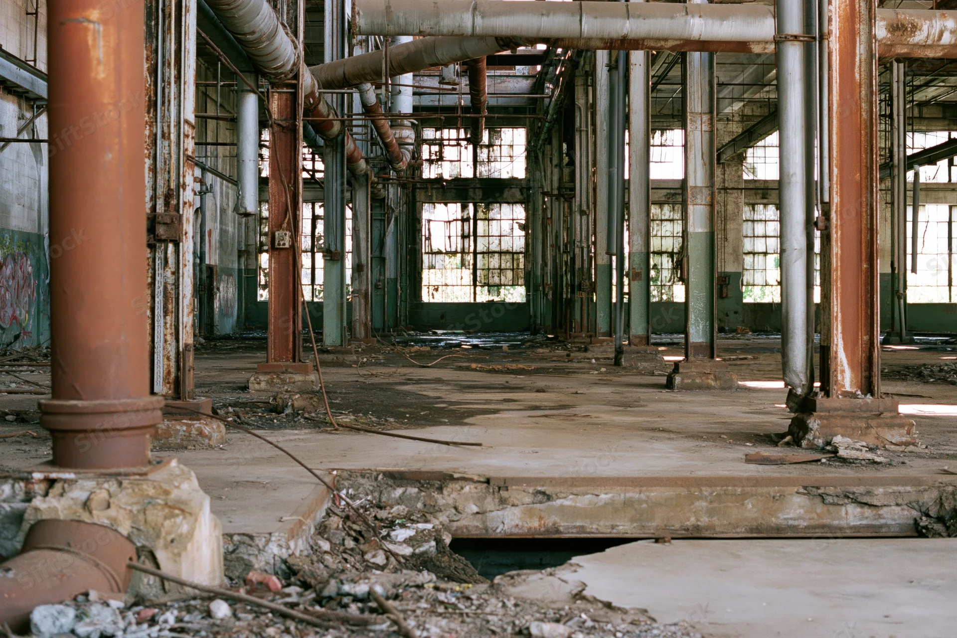 Wide interior of abandoned industrial factory hall with rusted pipes and broken windows