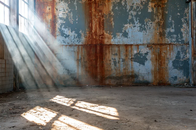 Sunbeams streaming through windows into an empty abandoned industrial warehouse interior