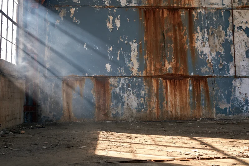 Sunlight streaming through a window into an abandoned industrial warehouse interior