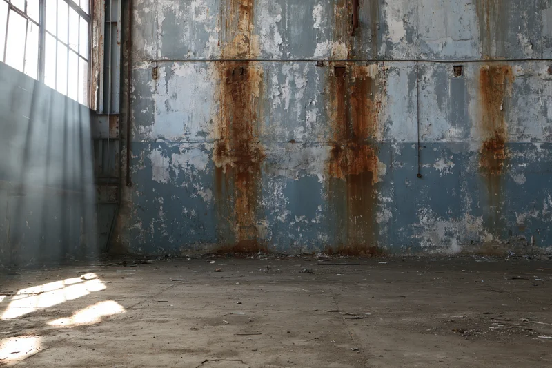 Wide view of an abandoned industrial warehouse interior with rusted metal walls and concrete floor, sunlight streaming through a window