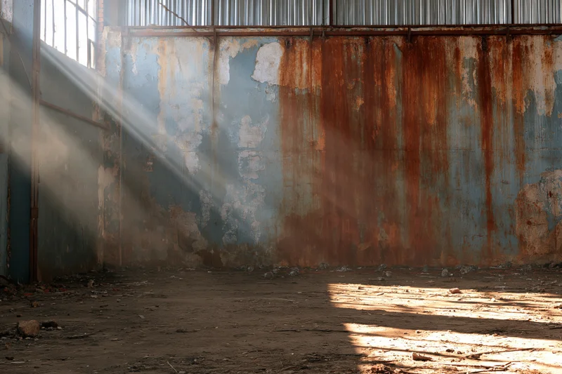Sunbeams cutting through dust in an abandoned industrial warehouse interior