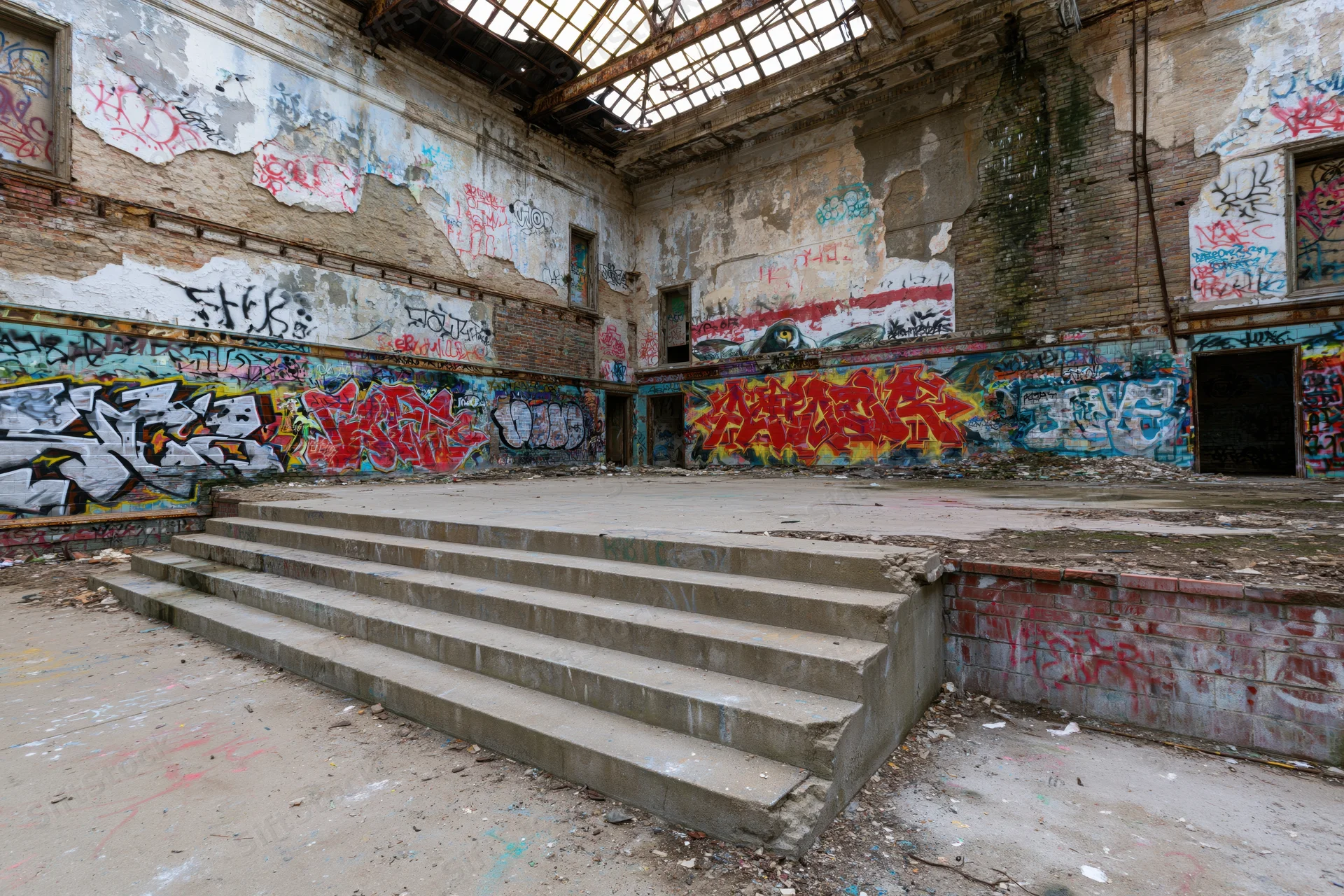 Abandoned hall interior with graffiti-covered walls and concrete stairs leading to a raised platform