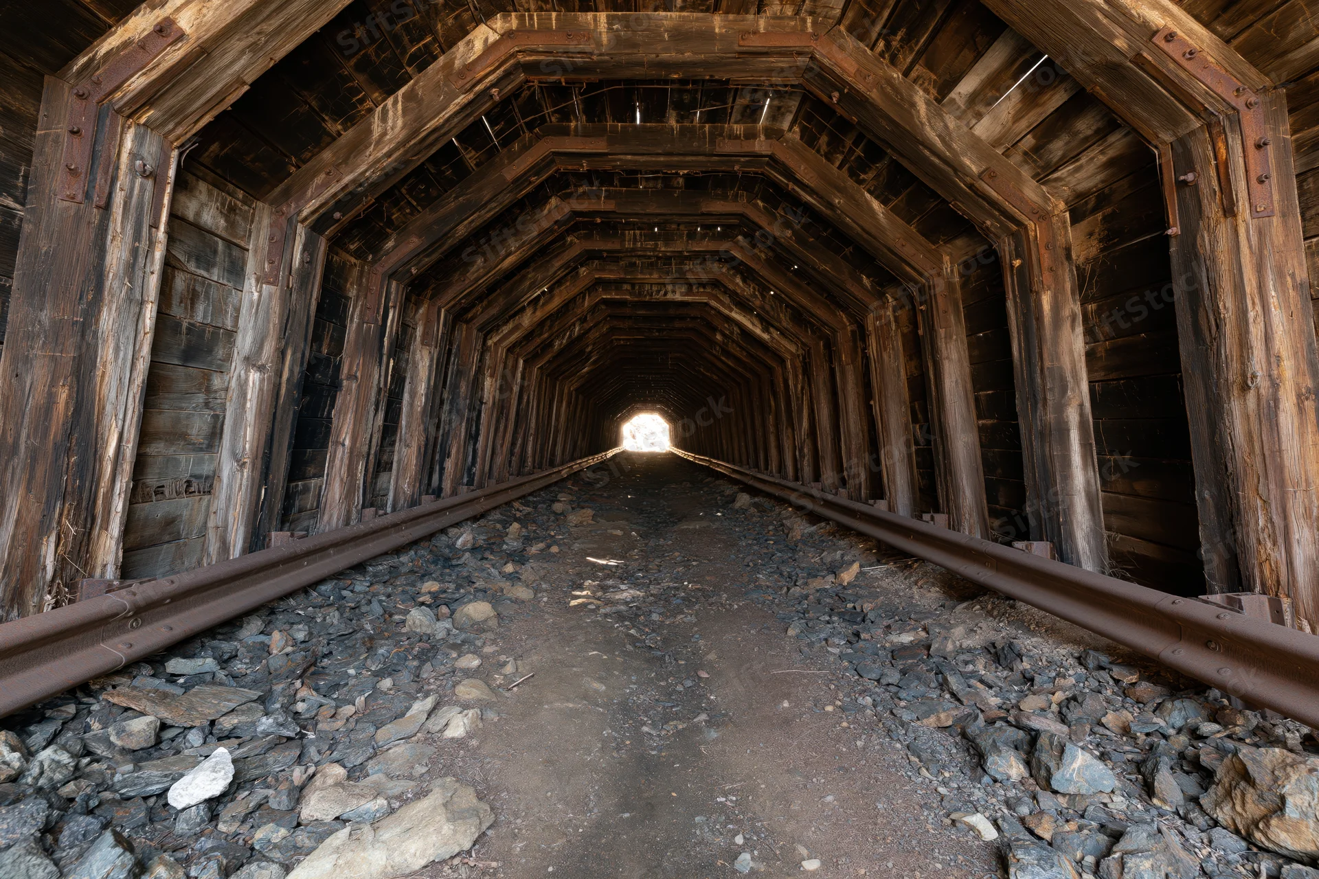 Interior of an abandoned wooden railway tunnel with tracks receding into light at the far end