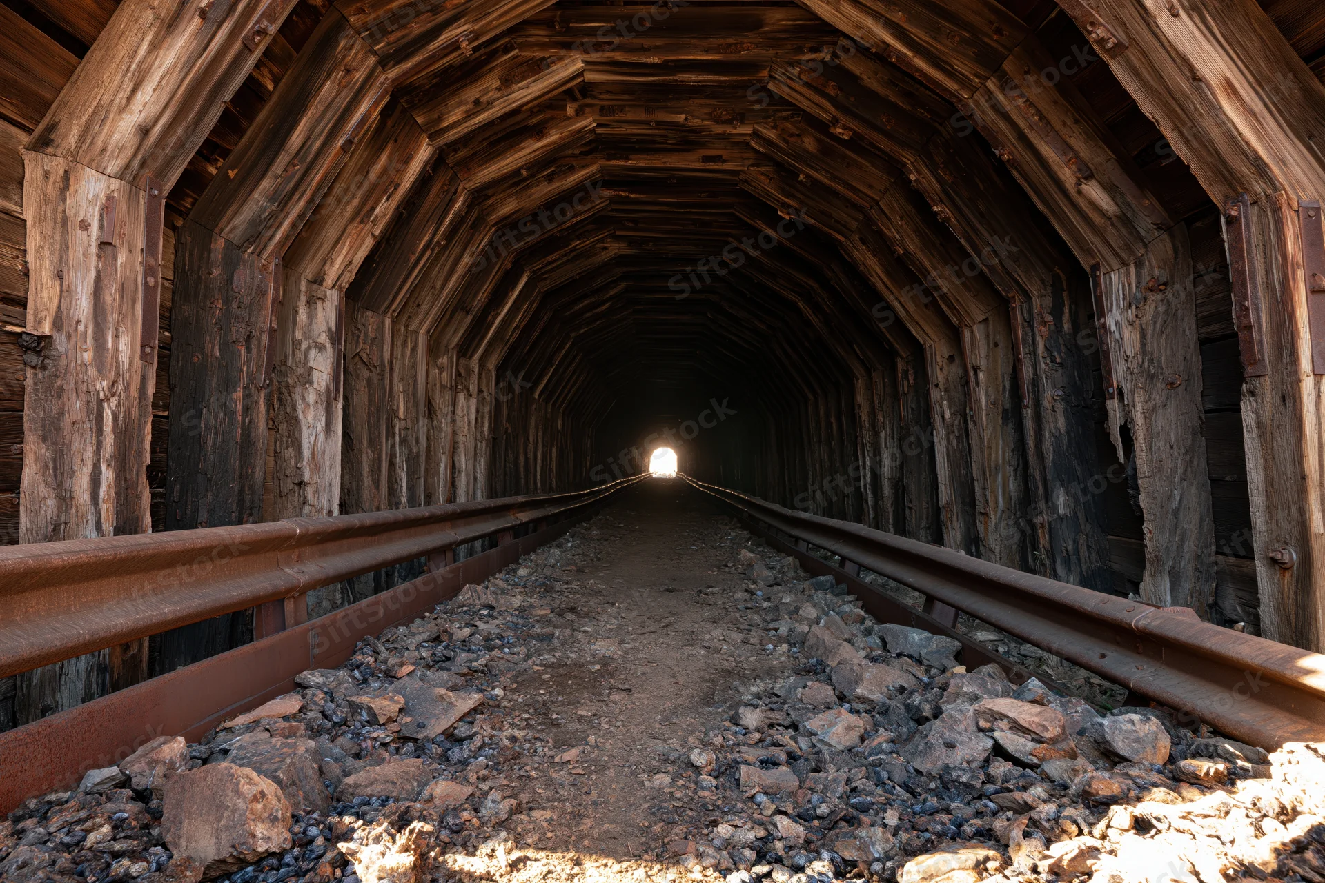 Wooden tunnel interior with railway tracks stretching into the distance, illuminated by light at the far end