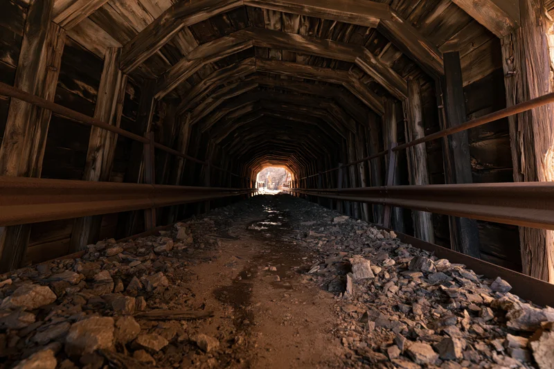 Interior of an abandoned wooden-timbered railway tunnel stretching into the distance with gravel and rails under arched beams