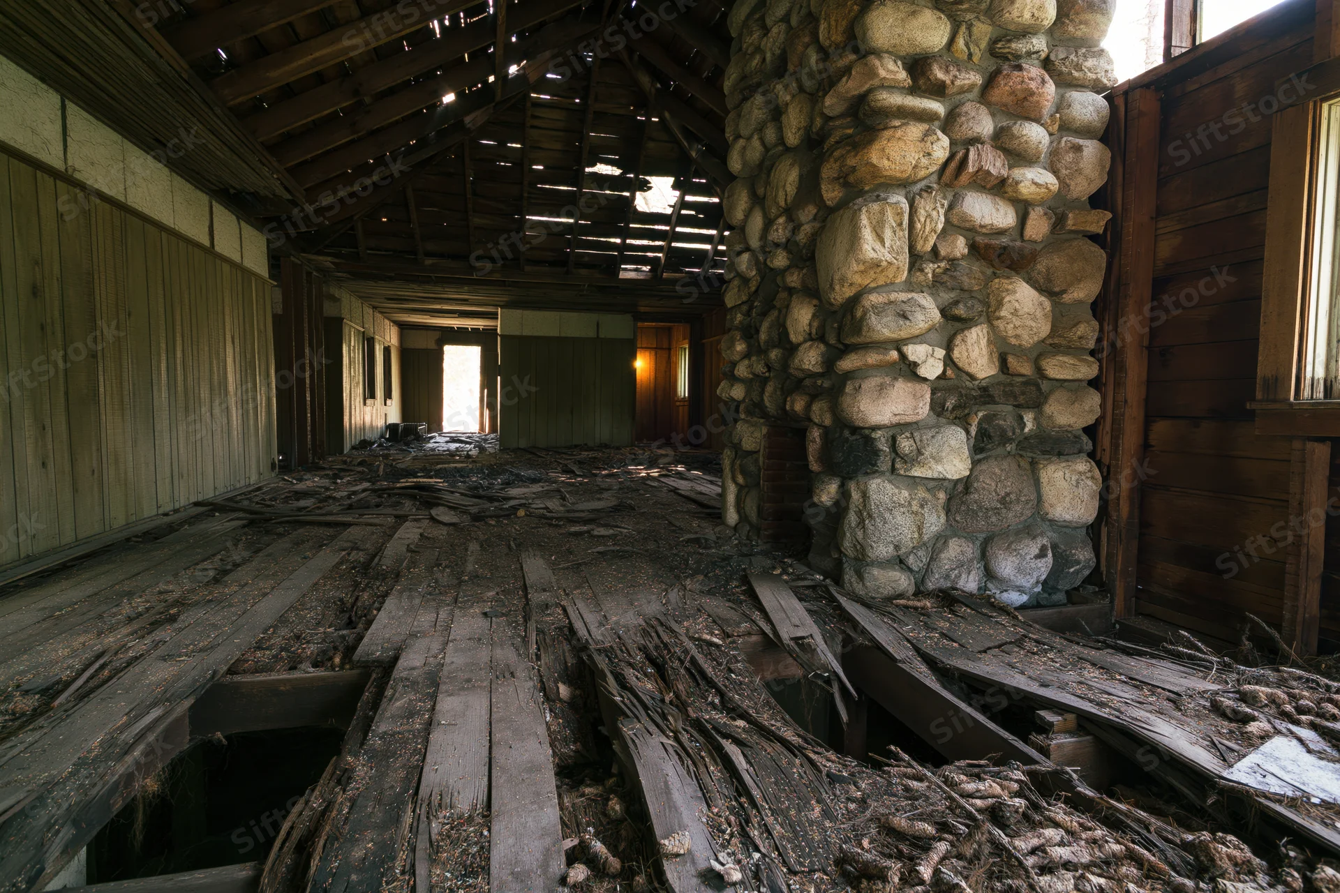 Interior of abandoned wooden building with broken floor and stone pillar, showing decay and structural damage
