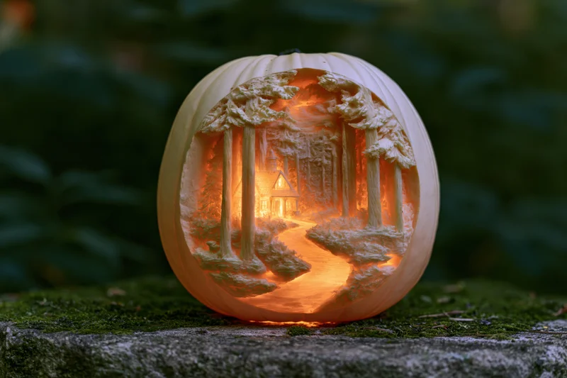 Hand-carved pumpkin with illuminated forest village scene resting on mossy stone