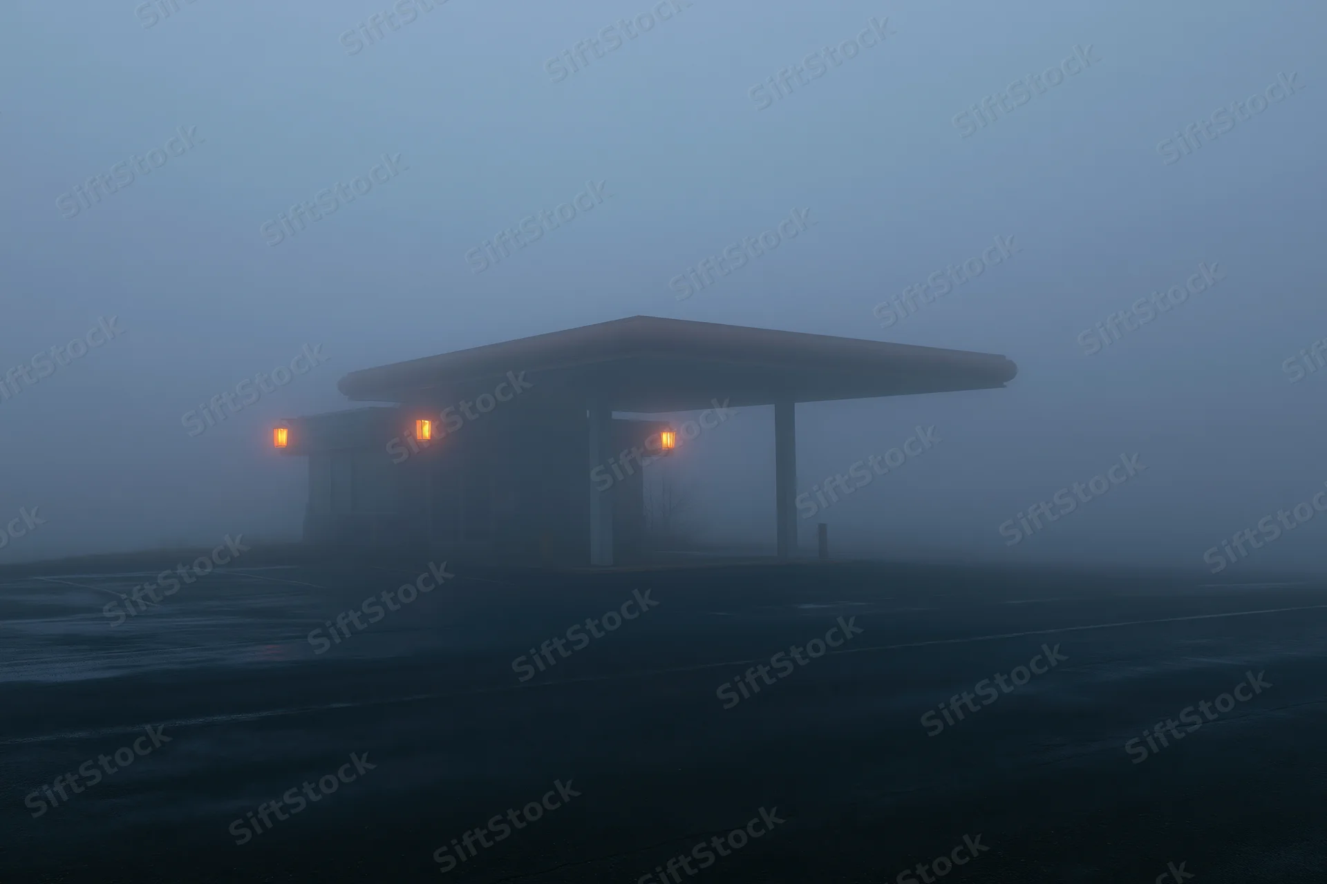 Isolated gas station with glowing orange lights under a foggy twilight sky