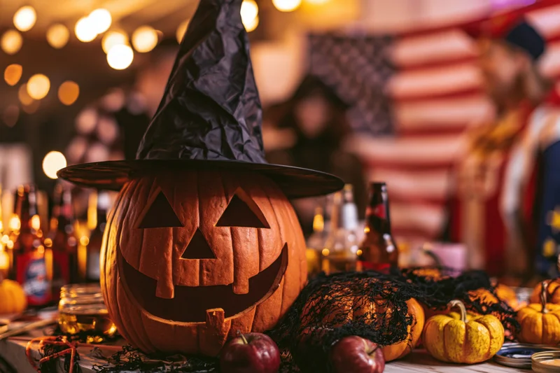 Carved pumpkin wearing witch hat on table at halloween party with drinks and decorations