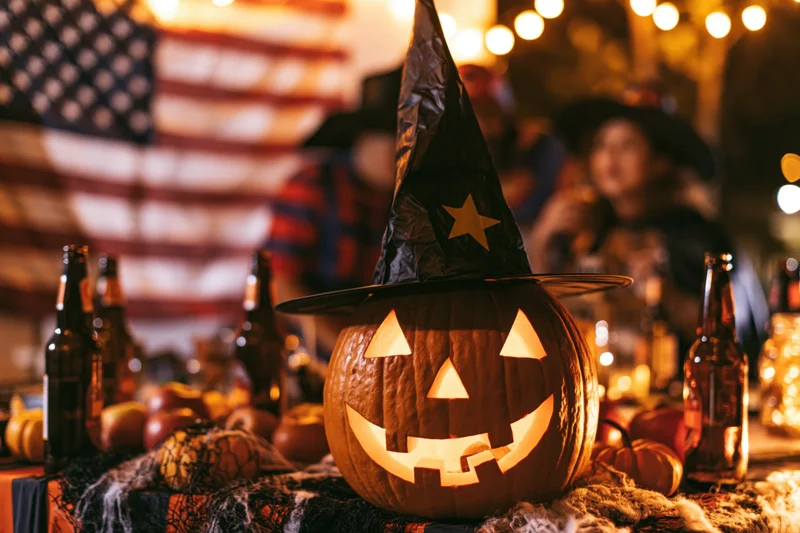 Carved pumpkin with witch hat glowing on a decorated table at a halloween party