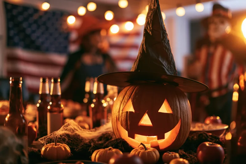 Carved pumpkin with witch hat glowing on a table at a halloween party with string lights and beer bottles around