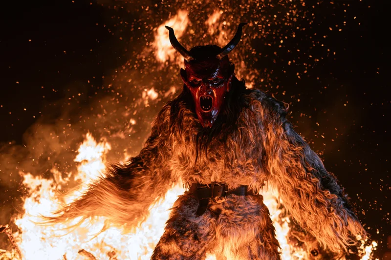 Krampus figure in shaggy fur costume with horns and red mask roaring amidst flames and sparks at night