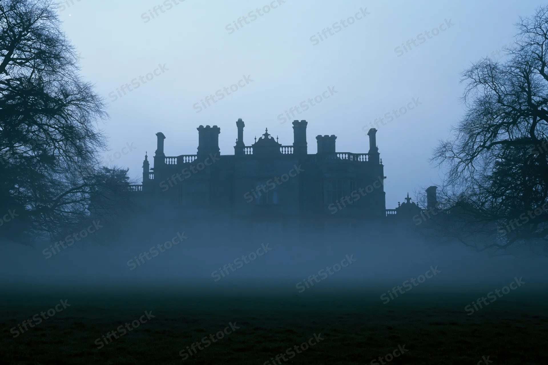 Victorian manor house silhouetted in dense fog at night surrounded by bare trees