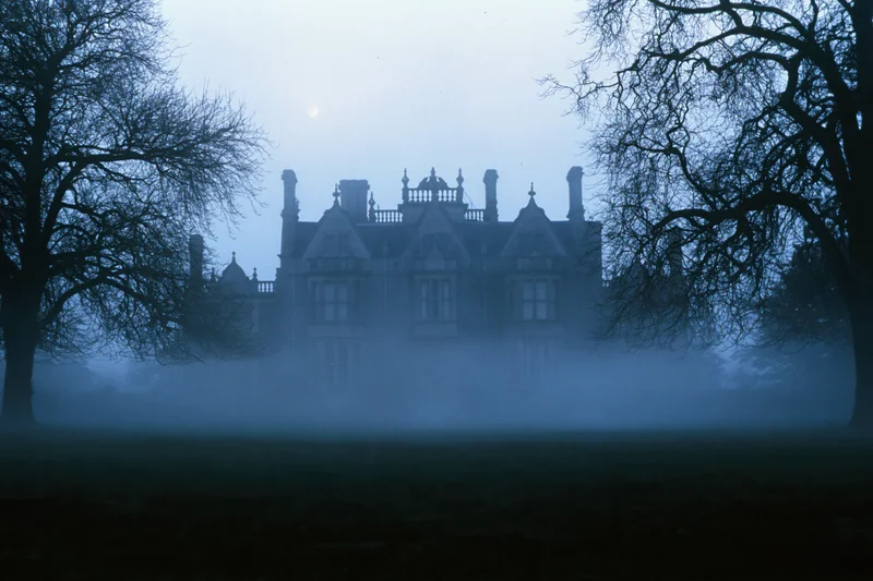 Victorian manor house silhouetted in dense fog at night surrounded by bare trees