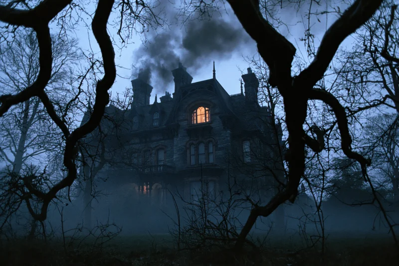 Large victorian mansion at dusk with dark smoke rising from chimneys through bare tree branches in foggy countryside
