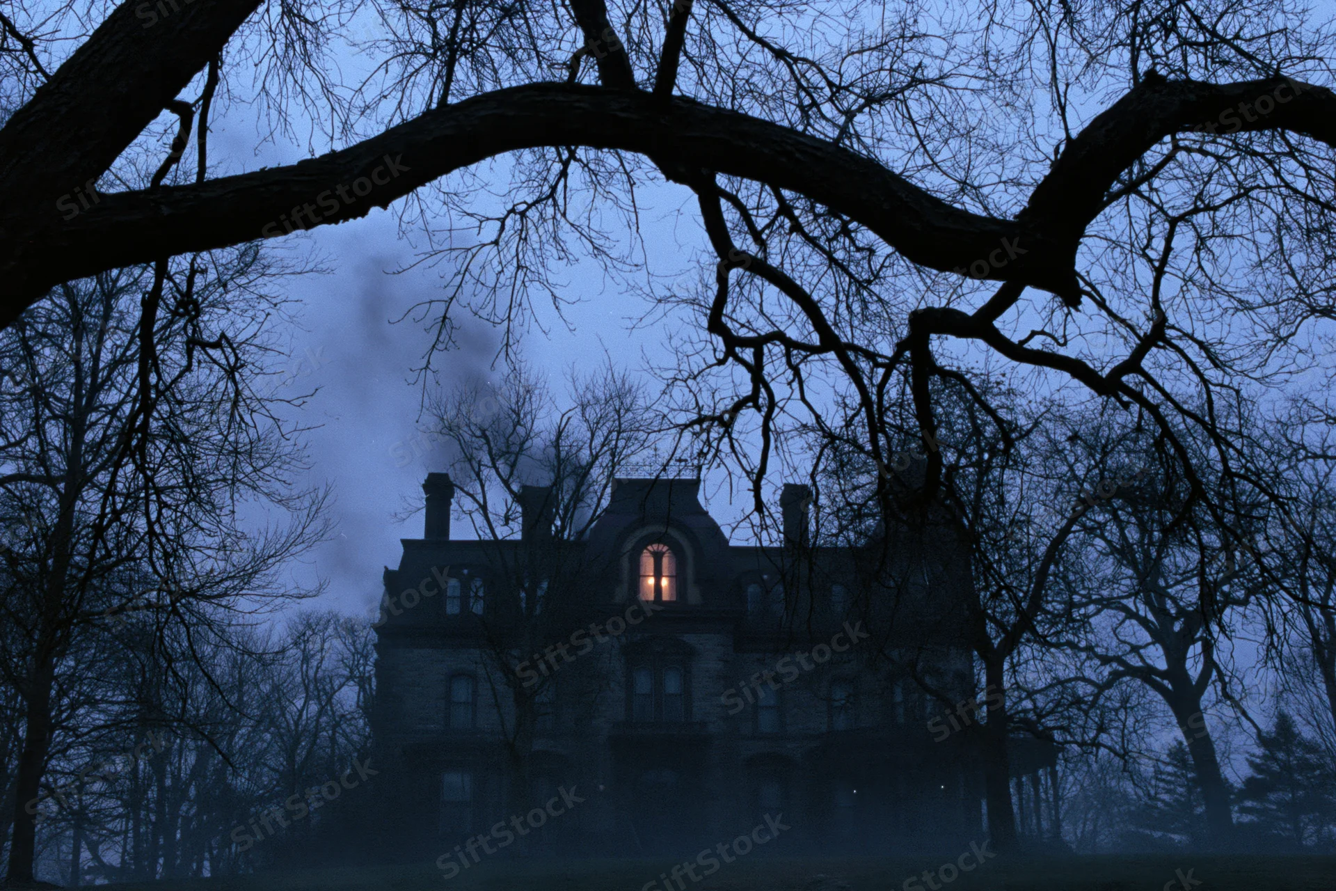 Victorian mansion at dusk with smoke rising from chimney framed by bare tree branches