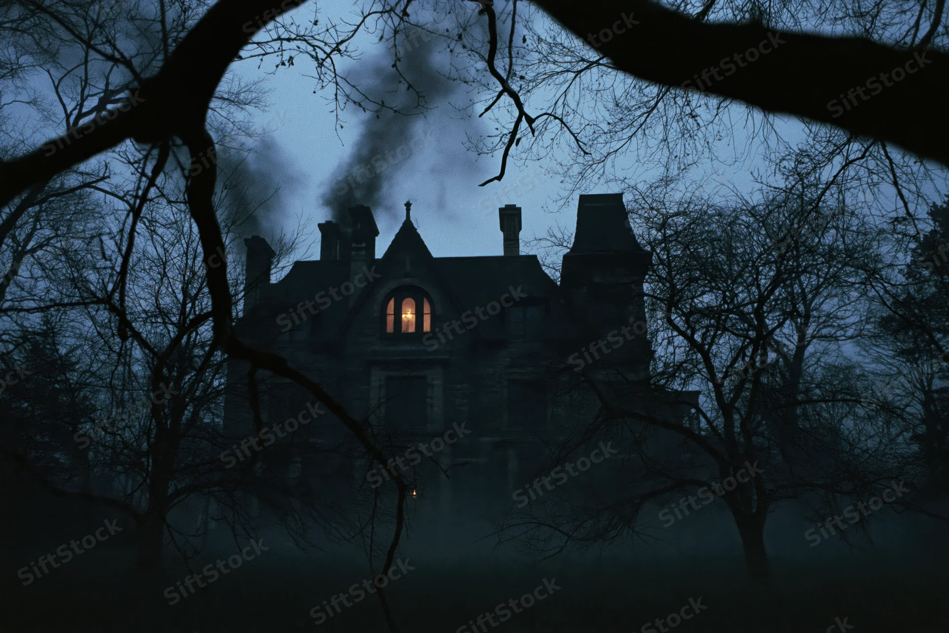 Victorian mansion at dusk with smoke rising from chimney, framed by bare trees in fog