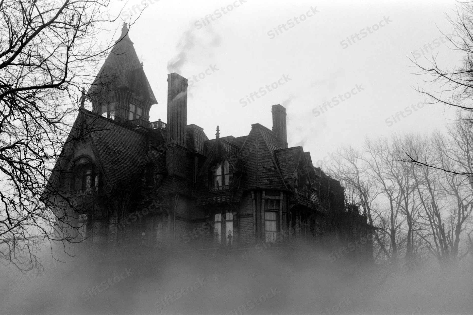Large victorian mansion with turret and steep gabled roofline in fog surrounded by bare trees