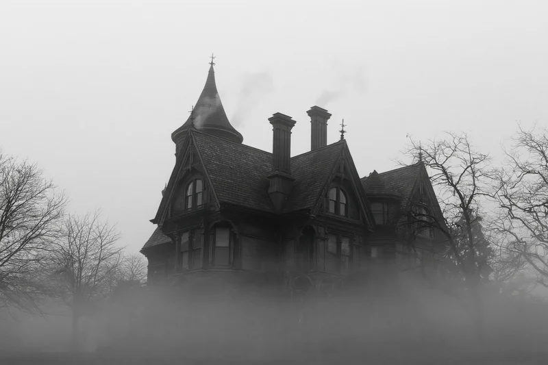 Large victorian mansion with turret and steep gabled roof in foggy landscape